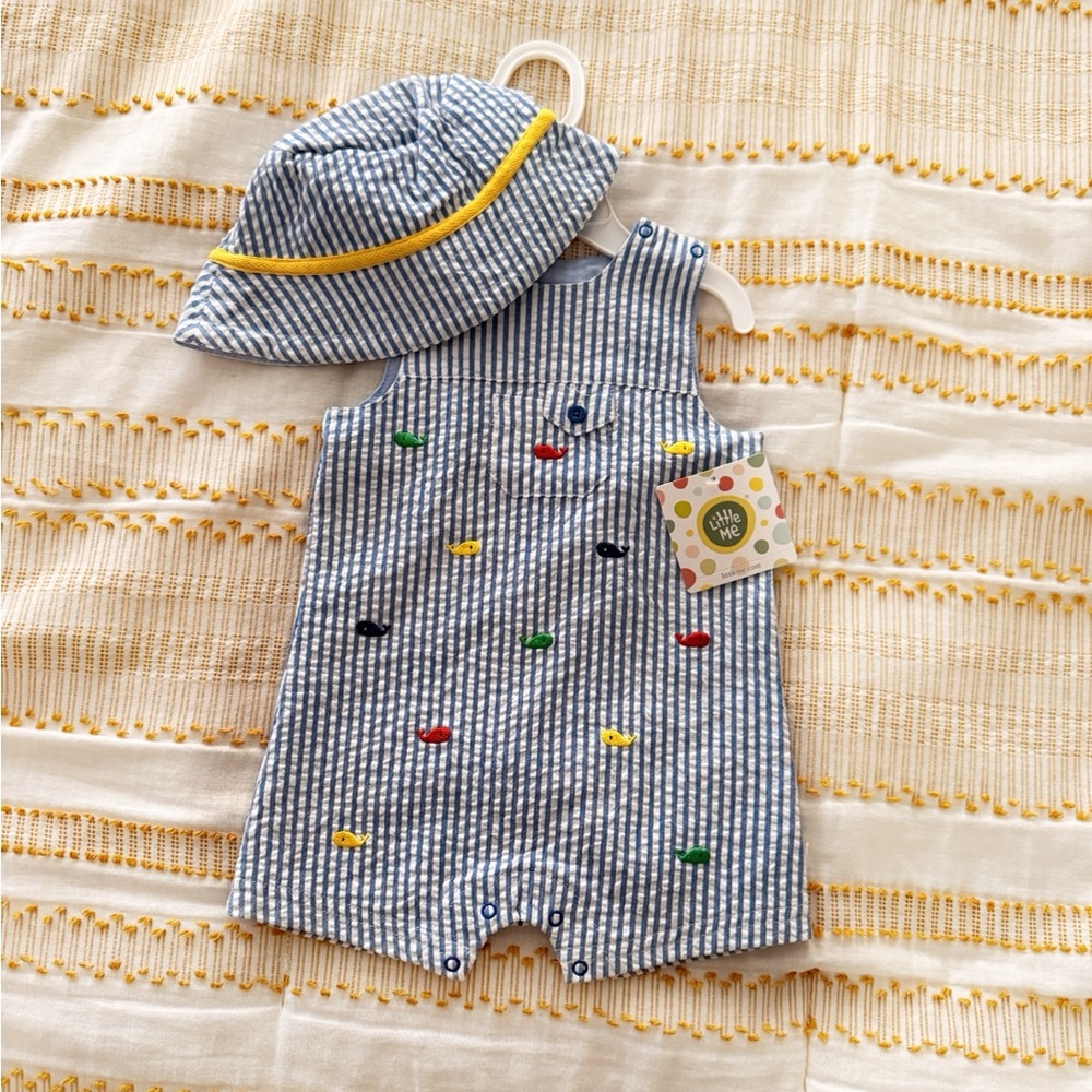 Little Me Blue Striped Seersucker Romper with Matching Hat